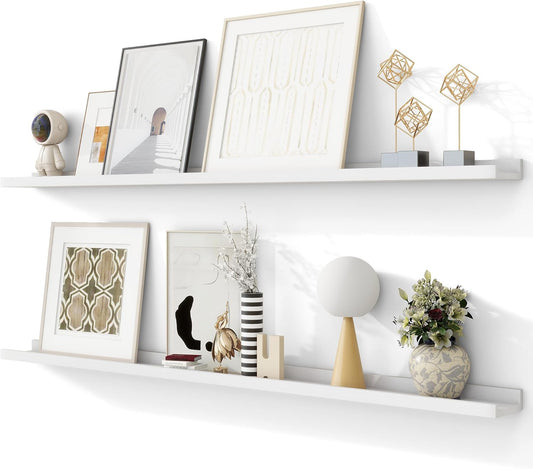 Solid Ash Wood Picture Ledge Shelf, Floating Shelves Set of 2, 56 Inch Long Large Ledge Shelves, Nursery Book Shelves Wall Mounted for Living Room Bedroom Kitchen Decor Kids Bookshelf, White