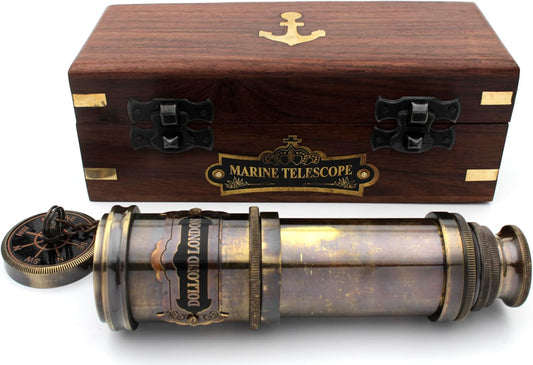 14 Inch Vintage Nautical Brass Telescope with Wood Box – Handheld Spyglass for Marine, Pirate, and Captain Use