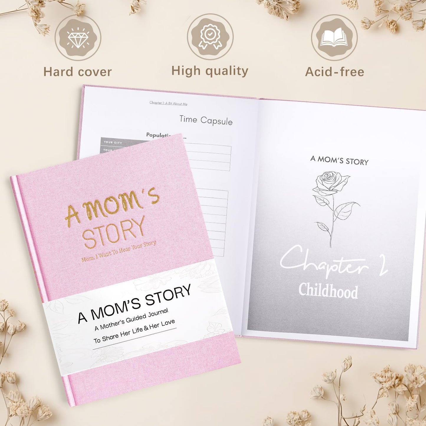 Artmag Mom's Life Story Journal Family Keepsake Book Linen Hardcover for Mom to Share Her Memories, with 250+ Prompt Questions Book Gift for Birthday Mother's Day Christmas (Pink)