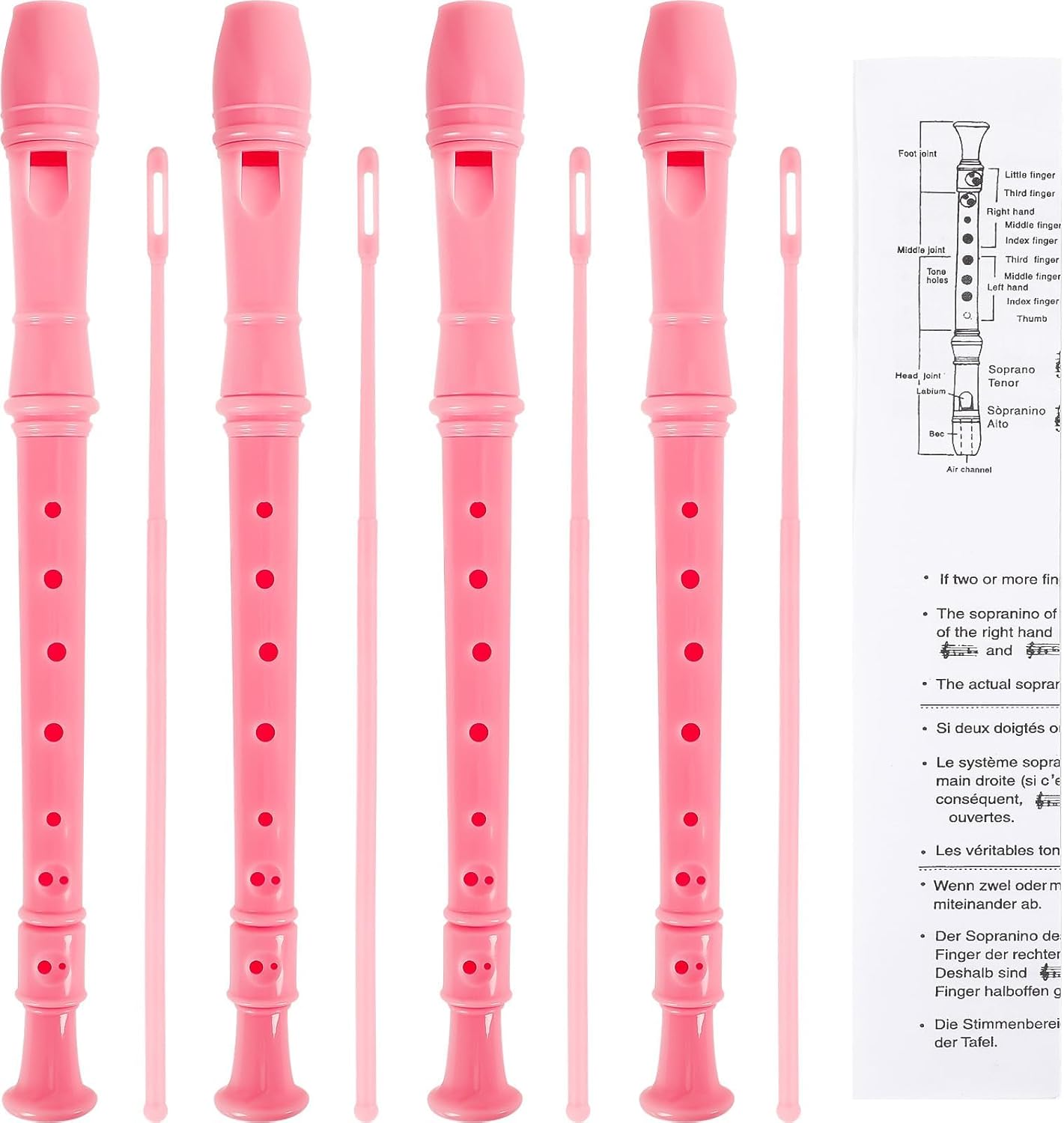 SANNIX 4 Pack Recorder Instrument, 8 Hole German Style Soprano Recorder for Beginner, Recorder With Cleaning Rod, Music Instrument (Pink)