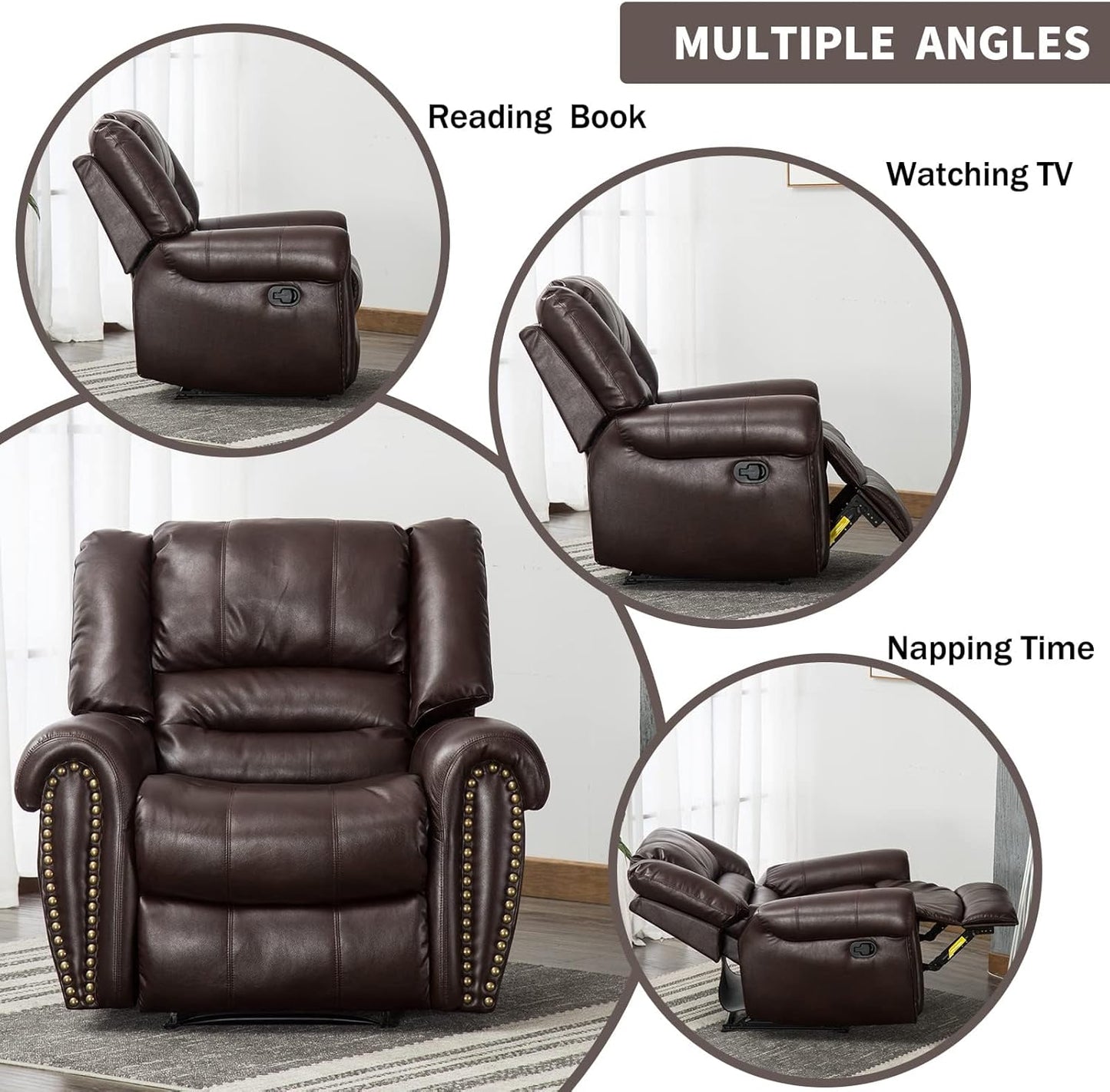 CANMOV Leather Recliner Chair Set of 2, Classic and Traditional Manual Recliner Chair with Comfortable Arms and Back,Manual Single Recliner Sofa for Living Room, Brown