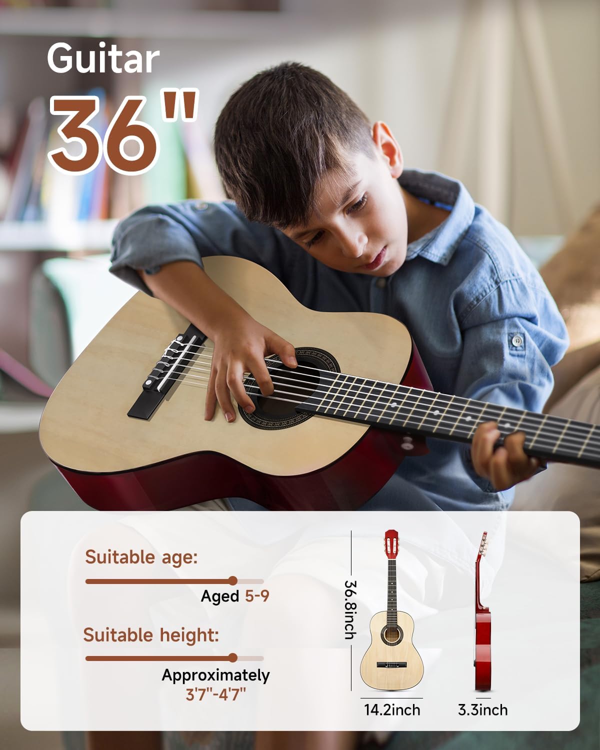 Moukey 36 Inch Acoustic Guitar for Beginners Kids Youth 3/4 Size Dreadnought Travel Guitarra Acustica Kit with Chord Poster, Gig Bag, Tuner, Picks, Nylon Strings, Capo, Strap - Natural