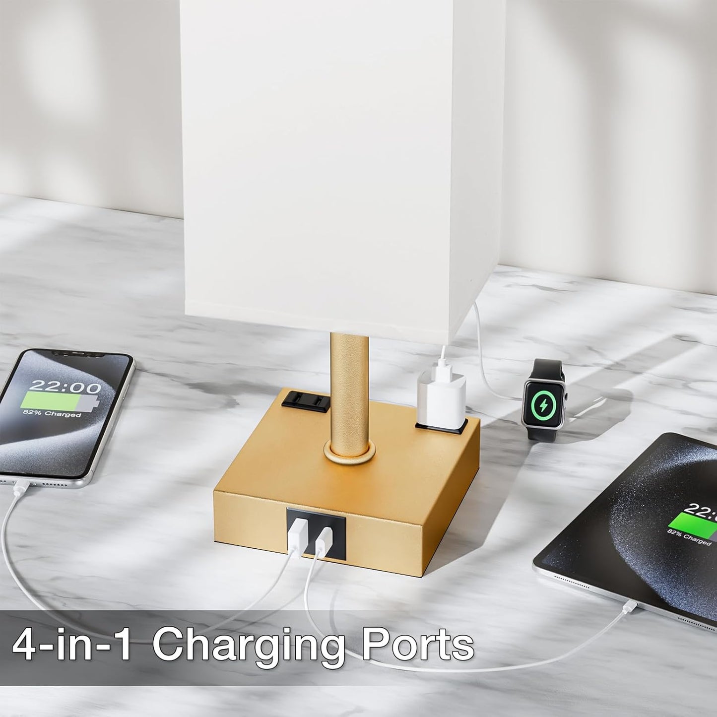 Gold White Touch Table Lamp - Bedside Lamp with USB A + Type C Charging Ports and Two AC Outlets, Small Night Stand with E26 LED Bulb, Desk Light for Bedroom Living Room Office Dorm