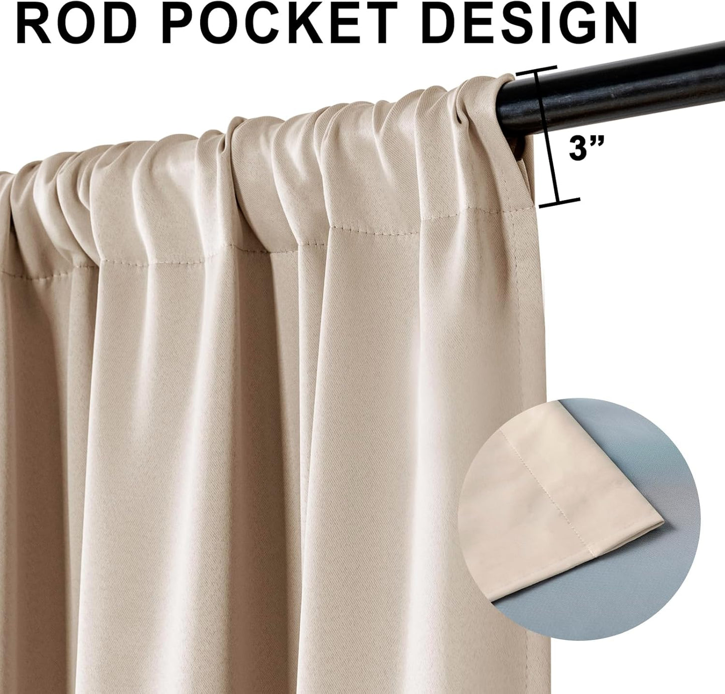 XWZO 100% Blackout Window Curtains with Tiebacks- Privacy Protection & Noise Blocking Window Draperies Rod Pocket with Black Liner for Bedroom/Living Room, Biscotti Beige, W52 x L72, Set of 2 Panels