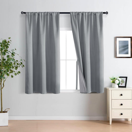 XWZO Complete Blackout Window Curtain Panels with Tiebacks- Rod Pocket Noise Reduction and Light Blocking Curtains with Black Liner for Studio, Basement Room, Grey, W42 x L45, Set of 2