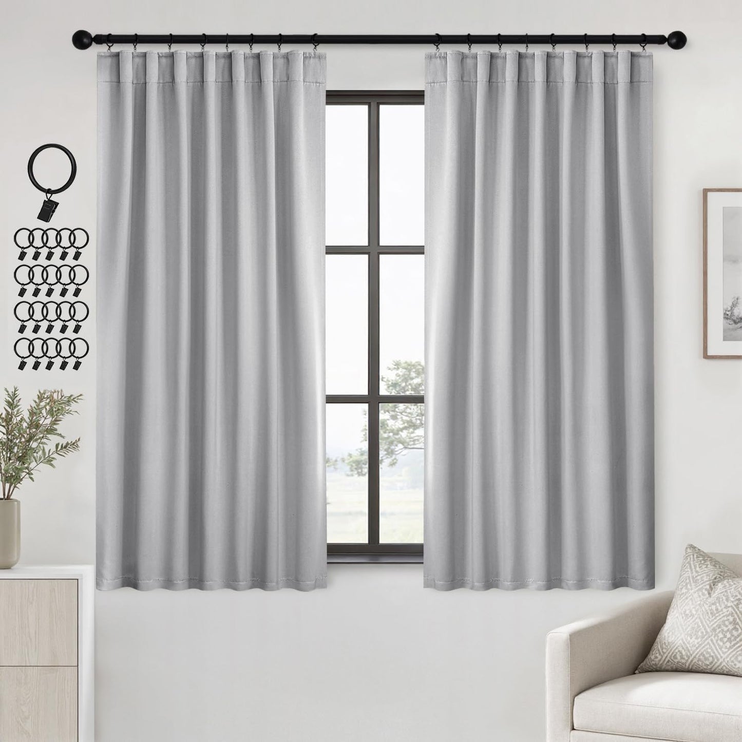 ANRODUO Back Tab Blackout Curtains for Bedroom Living Room, Rod Pocket Pinch Pleated Thermal Insulated Room Darkening Curtains 72 Inches Long 2 Panels, Light Grey, 42 x 72 Inch
