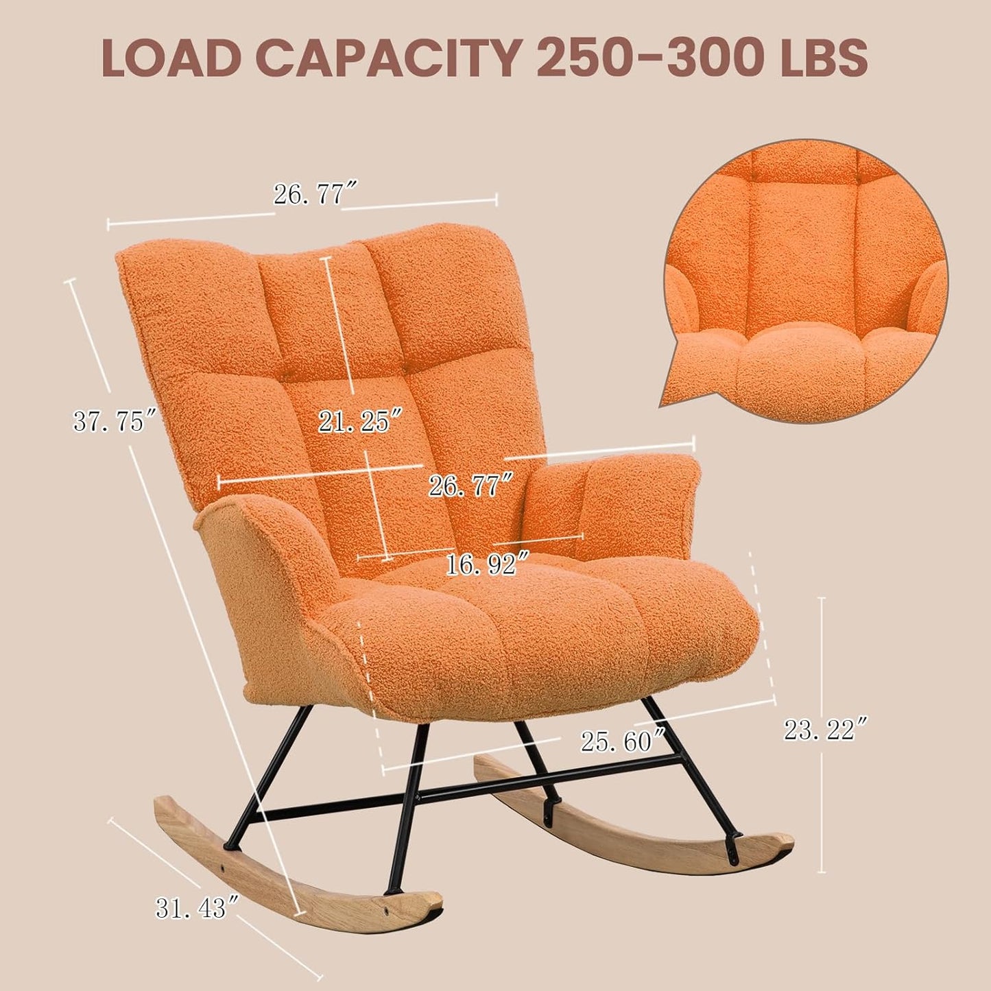 Rocking Chair Nursery Teddy Upholstered Glider Rocker Rocking Accent Chair Padded Seat with High Backrest Armchair Comfy Side Chair for Living Room Bedroom Offices (Orange Teddy)