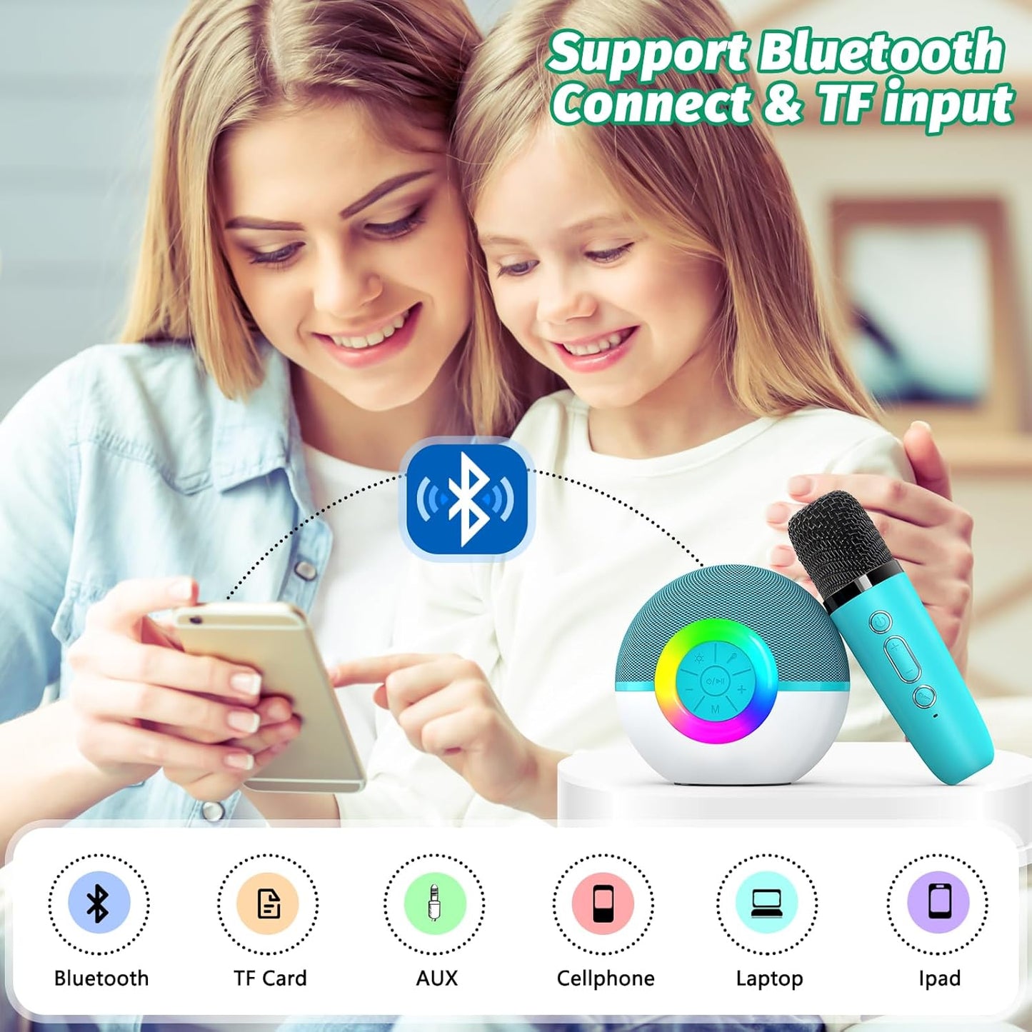 goopow Mini Karaoke Machine Speaker for Kids Adults, Portable Bluetooth Microphone Song Toys with LED Light, Best Chritmas Birthday Festival Gift for 3 4 5 6 7 8+ Year Old Girls Boys (Green-2MIC)