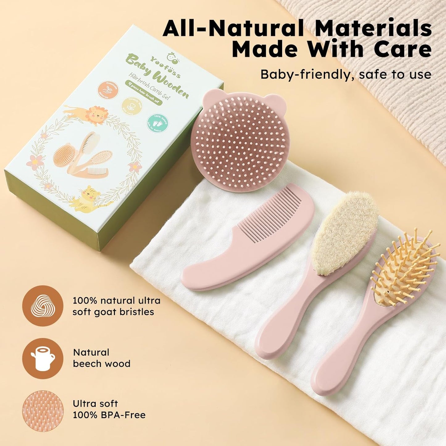 Yoofoss 4 Piece Baby Hair Brush and Comb Set，Wooden Baby Hair Brush with Natural Ultra Soft Goat Hair, Baby Comb Set for Boy, Girl - Pink