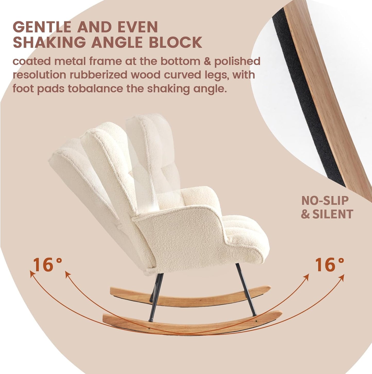 Rocking Chair Nursery Teddy Upholstered Glider Rocker Rocking Accent Chair Padded Seat with High Backrest Armchair Comfy Side Chair for Living Room Bedroom Offices (Ivory Teddy)