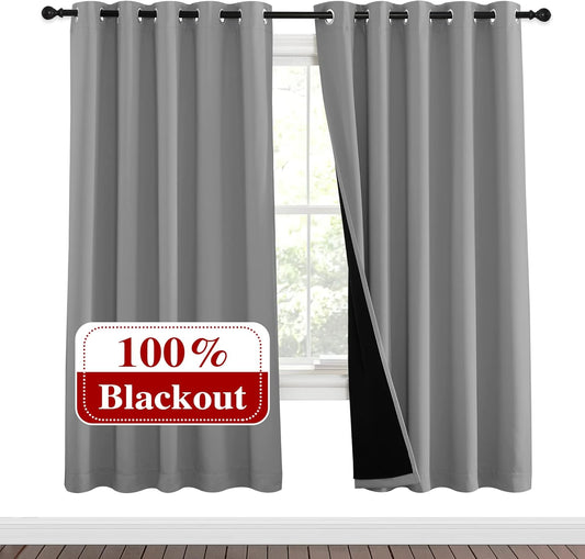 NICETOWN Full Shade Curtain Panels, Pair of Energy Smart & Noise Blocking Out Blackout Drapes for Dining Room Window, Thermal Insulated Guest Room Lined Window Dressing(Silver Grey, 62 x 72 inch)
