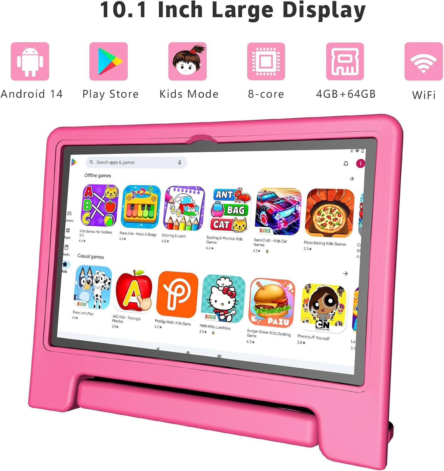 Kids Tablet, 10.1 Inch Tablet for Kids Android 14, 64GB Octa-Core, WiFi, Big Battery, Kids Space, Parental Control 1280 * 800 HD Display Children Tablets Pink