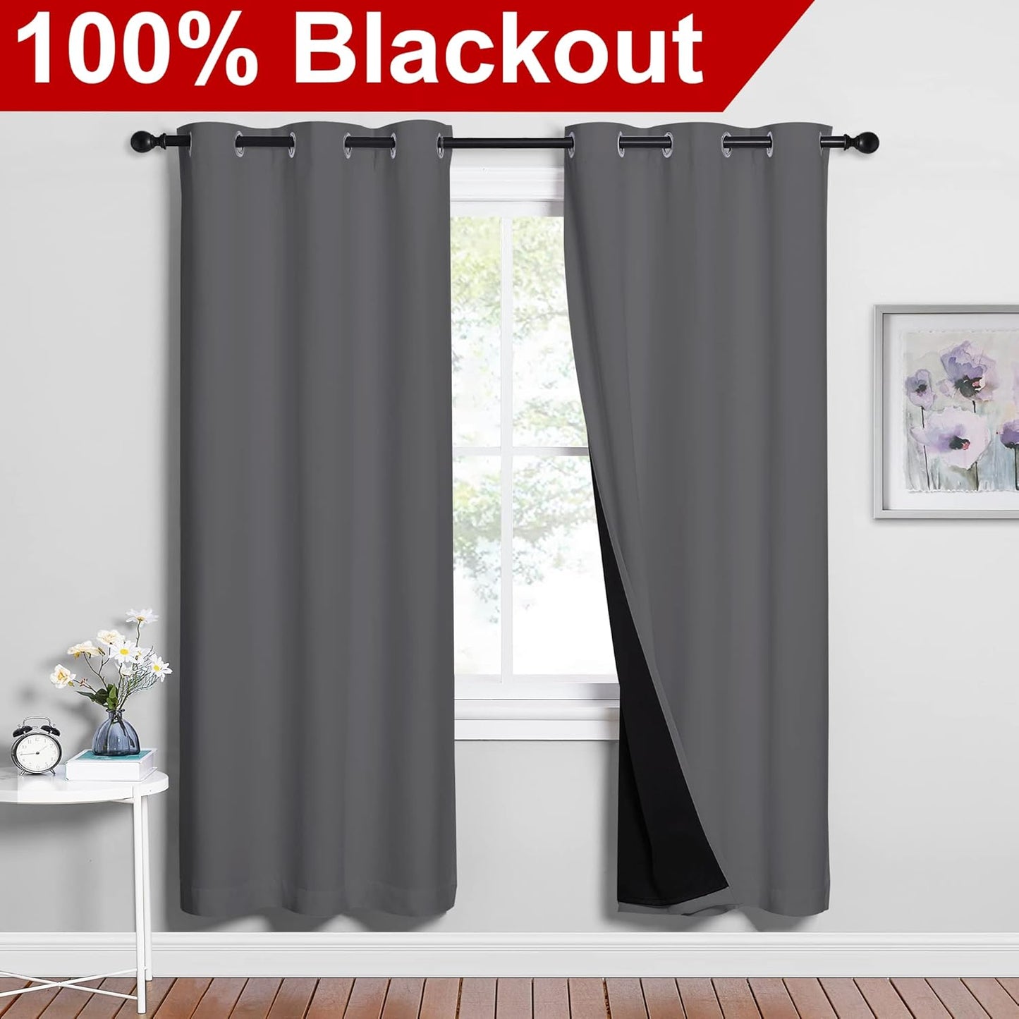 NICETOWN Grey Full Shade Curtain Panels, Pair of Energy Smart & Noise Blocking Out Blackout Drapes for Dining Room Window, Thermal Insulated Guest Room Lined Window Dressing(Gray, 42 x 72 inch)
