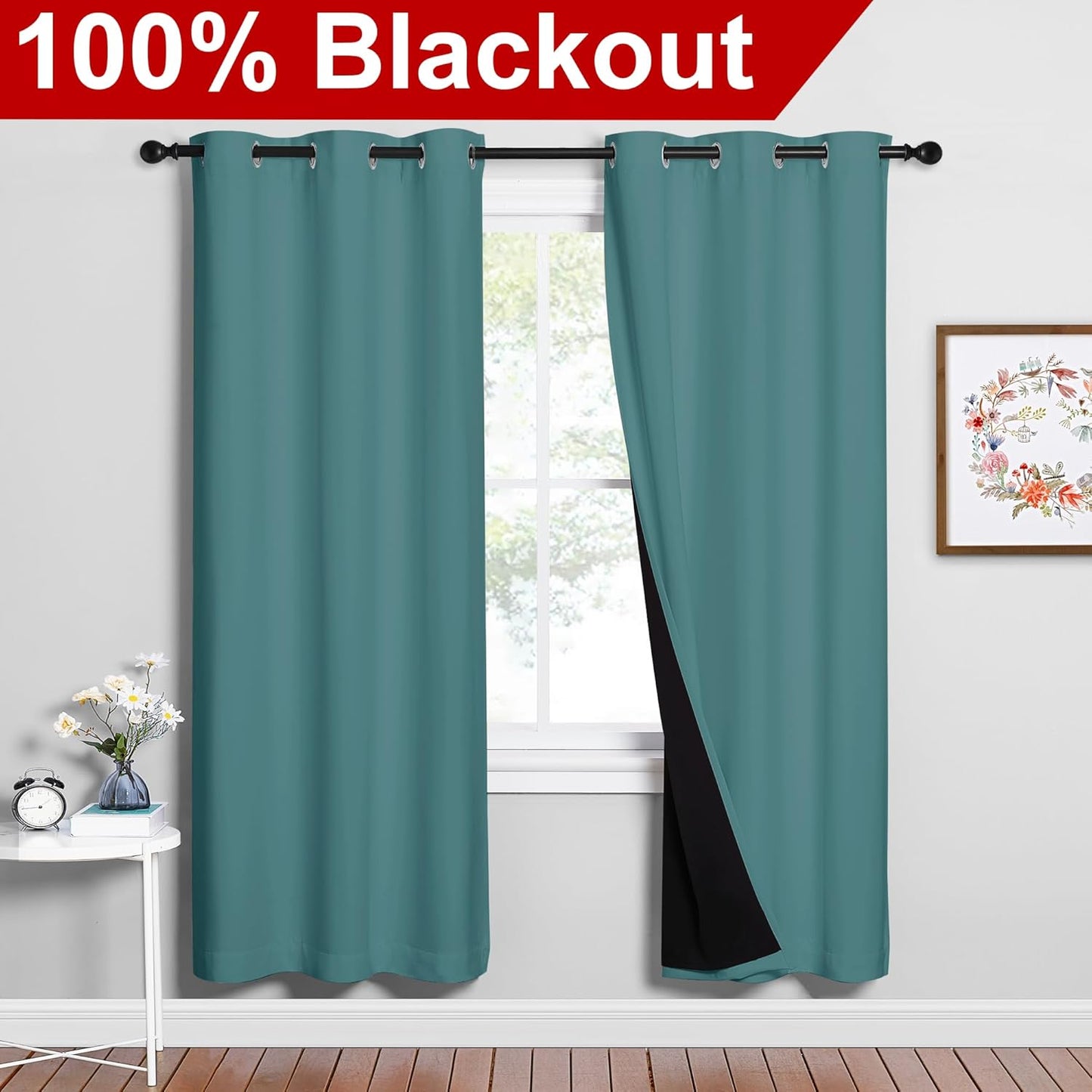 NICETOWN Sea Teal Full Shade Curtain Panels, 37" Wide x 70" Long, Sea Teal, Pair of Thermal Insulated & Energy Efficiency Blackout Drapes for Living Room, Lined Silky Performance Window Dressing