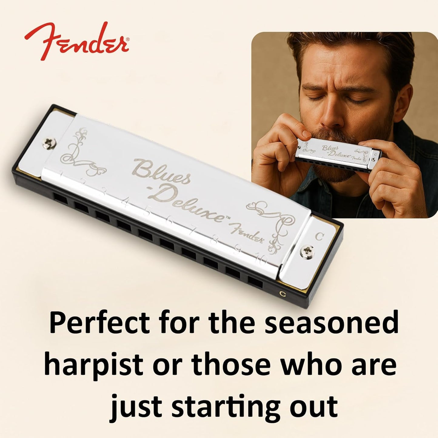 Fender Blues Deluxe Harmonica - Key of C Bundle with Carrying Case, Austin Bazaar Online Manual, and Polishing Cloth