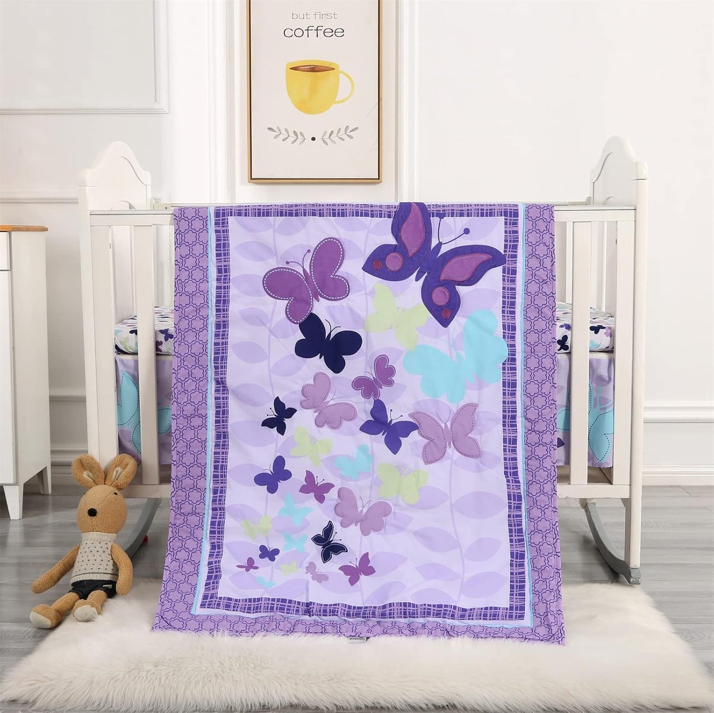 Wowelife Butterfly Crib Bedding Set for Girls 3 Piece Baby Girl Bedding Sets Purple Nursery Crib Sets Newborn, Infant &Toddler Include Quilted Comforter,Crib Skirt and Fitted Sheet, Purple
