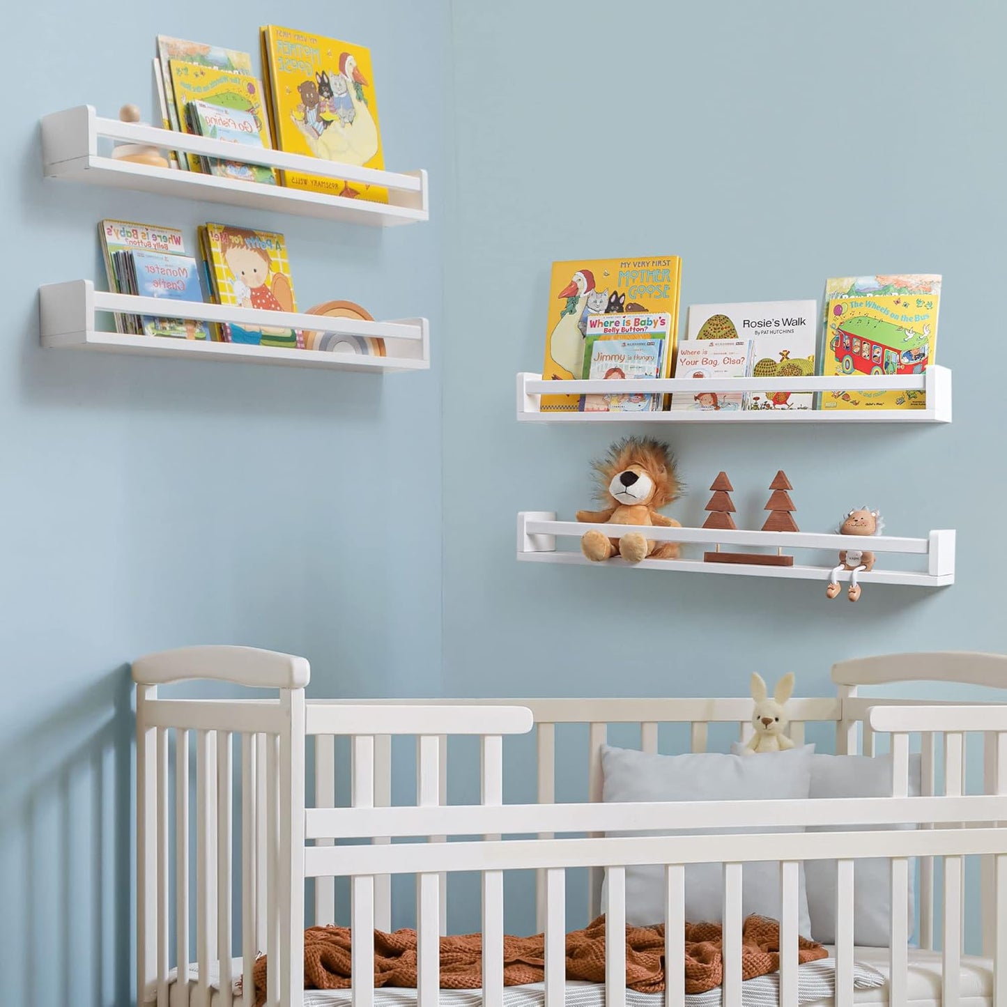 Fun Memories Nursery Book Shelves - Rustic Natural Solid Wood Floating Bookshelf for Kids - Wall Book Shelves for Kids Room (White, 32inch - 4P)