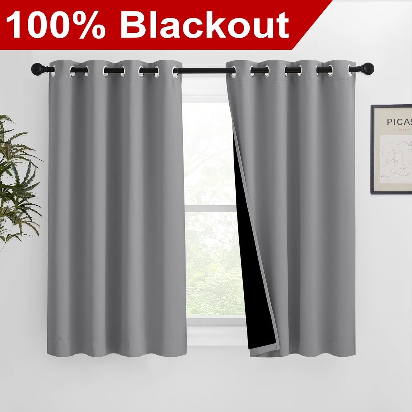 NICETOWN Noise and Lights Block Out Curtains, Thermal Insulated 100% Blackout 2-Layer Lined Drapes, Noise Cancellation Window Draperies for Dining Room (Silver Grey, 2 Panels, 46-inch W by 54-inch L)