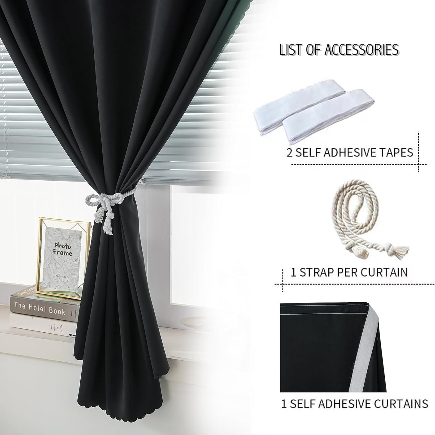Adhesive Blackout Curtains- Self Stick Shades Window Blinds Curtains No Rod Needed Easy to Hang Curtains, Use for Bedroom, Living Room, Dining Room, Kitchen, Home Office, 59"W X 71"L, Black, 1 Panel