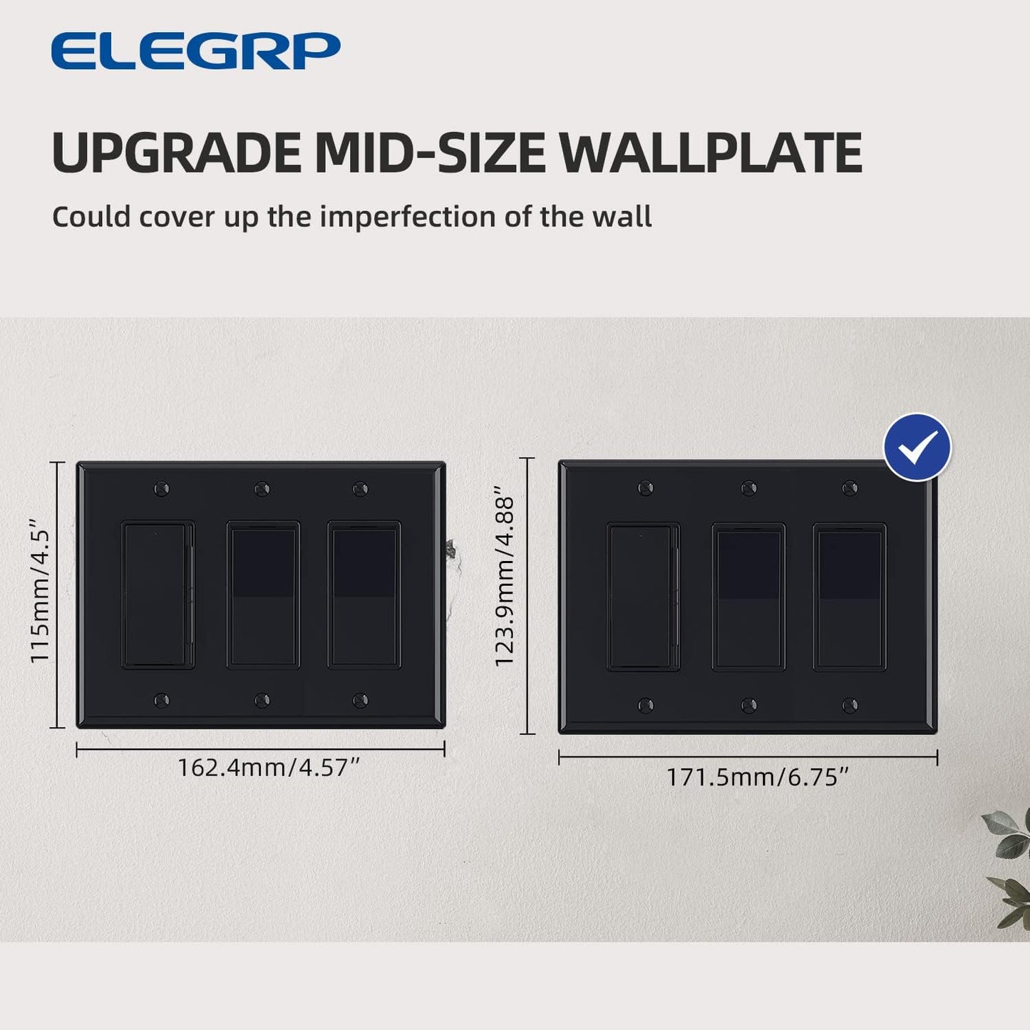 ELEGRP 3-Gang Decorative Wall Plates, Mid-Size 4.88" H x 6.75" L Unbreakable Thermoplastic Faceplate Cover for Decorator Receptacle Outlet Switch, UL Listed (2 Pack, Glossy Black)