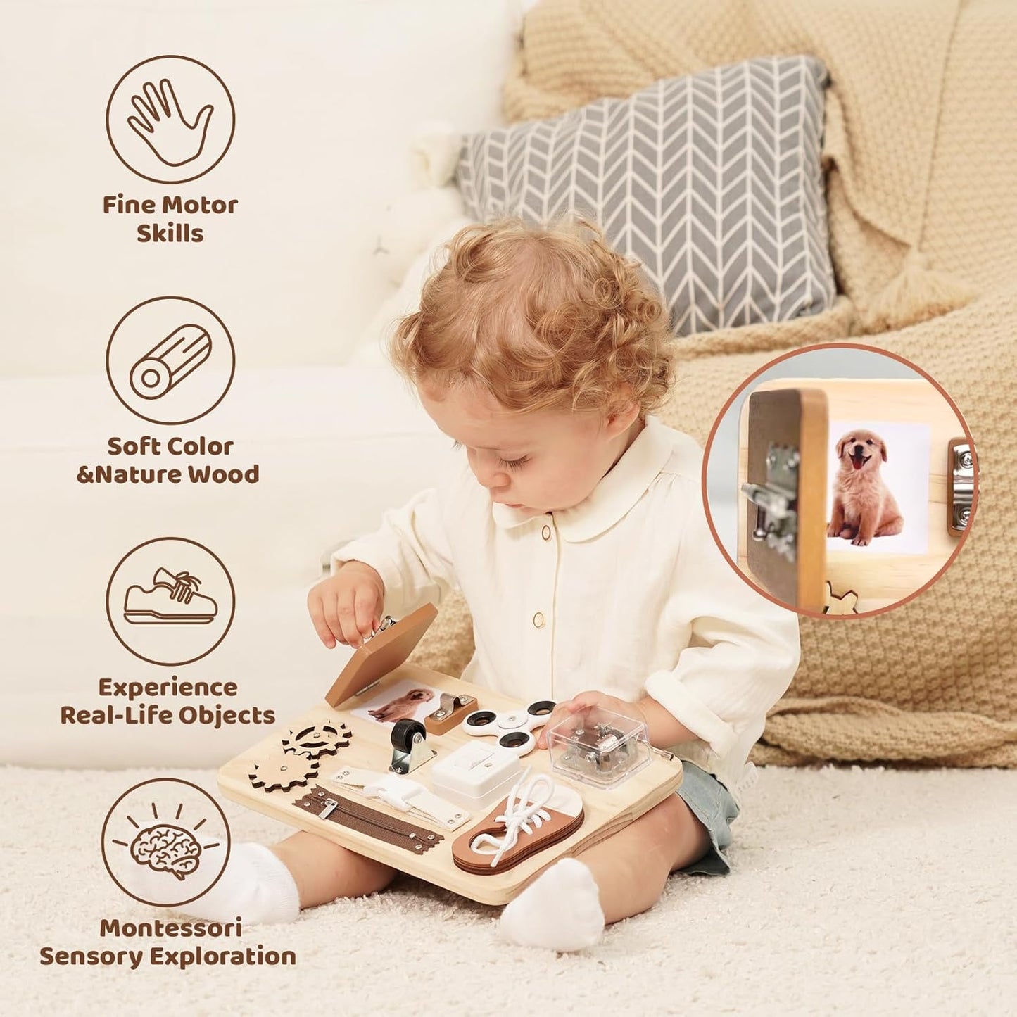 Potatomato Busy Board Toddlers - Montessori Educational Fidget Toys for Baby 1 2 3 4 Years Old - Wooden Sensory Toys Autistic Children - Preschool Learning Activities Fine Motor Skills – Travel Toy