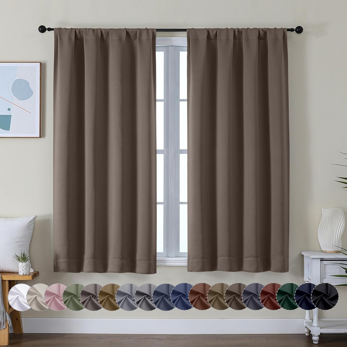 Simplebrand Ava Brown Short Blackout Curtains for Bedroom 45 Inches Long 2 Panels Set, Solid Thermal Insulated, Energy Saving Window Treatment Curtains Blackout Drapes, W40 x L45 Inch, Brown