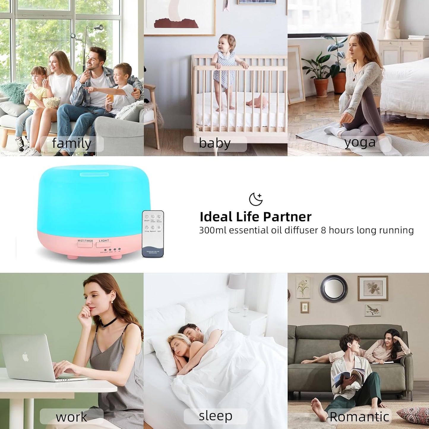 300ML Essential Oil Diffusesrs Remote Control, Aromatherapy Ultrasonic Diffuser, Cool Mist Aroma Humidfier Diffuser, 7 Color Changing LED Light, Auto-Off, Timer for Home, Room, Office, Kids.(Pink)