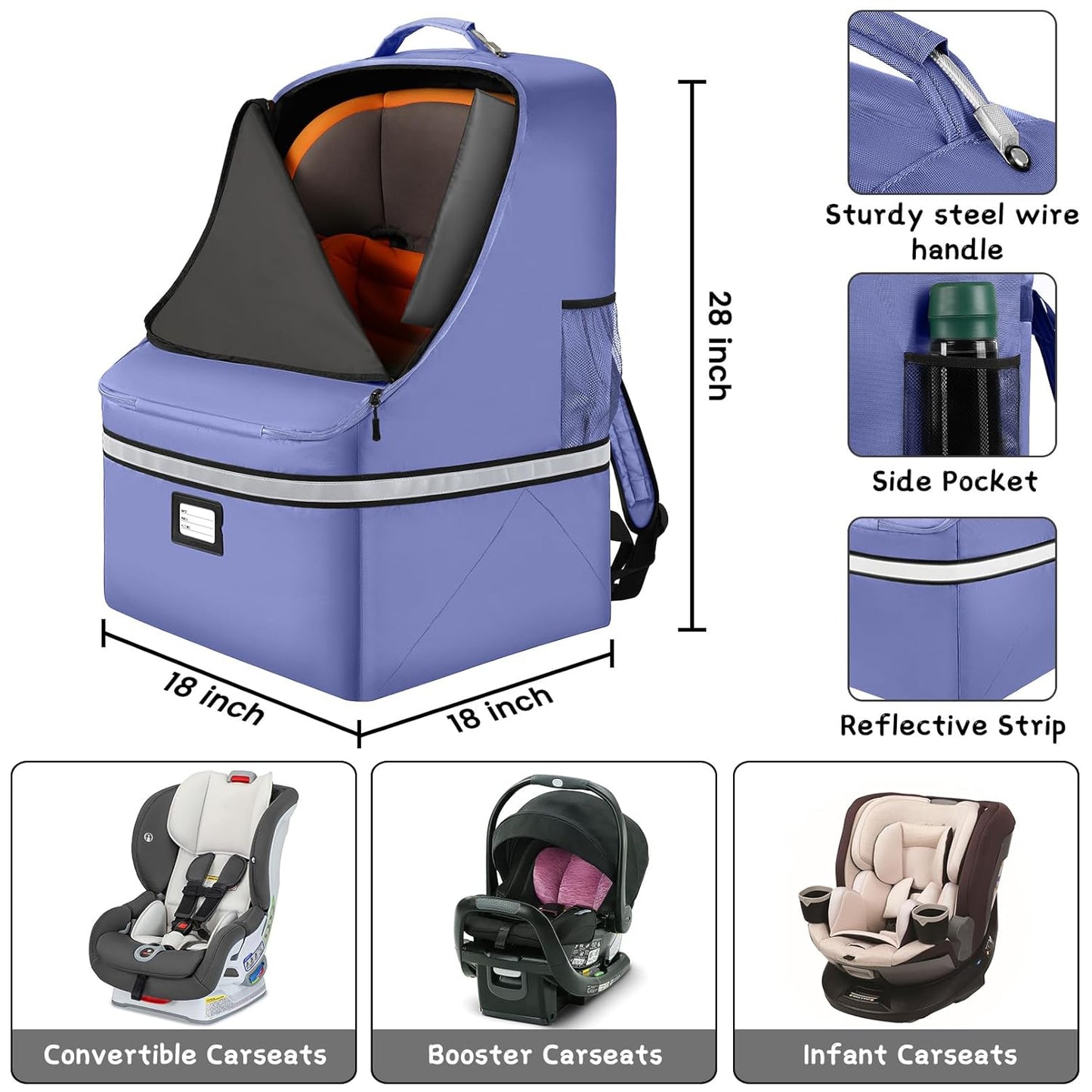Car Seat Travel Bag - Padded Car Seat Carrier with Steel Cable Handle and Reflective Stripes, Large Durable Airport Gate Check Bag with Shoulder Strap