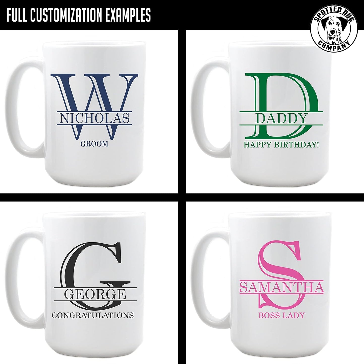 Personalized Monogram Ceramic 15oz White Coffee Mug with Custom Text and Name Initials, DYE Halpert, Taza para Cafe Personalizadas, Customized with Back Options, Custom Gifts Men, Gifts for Women