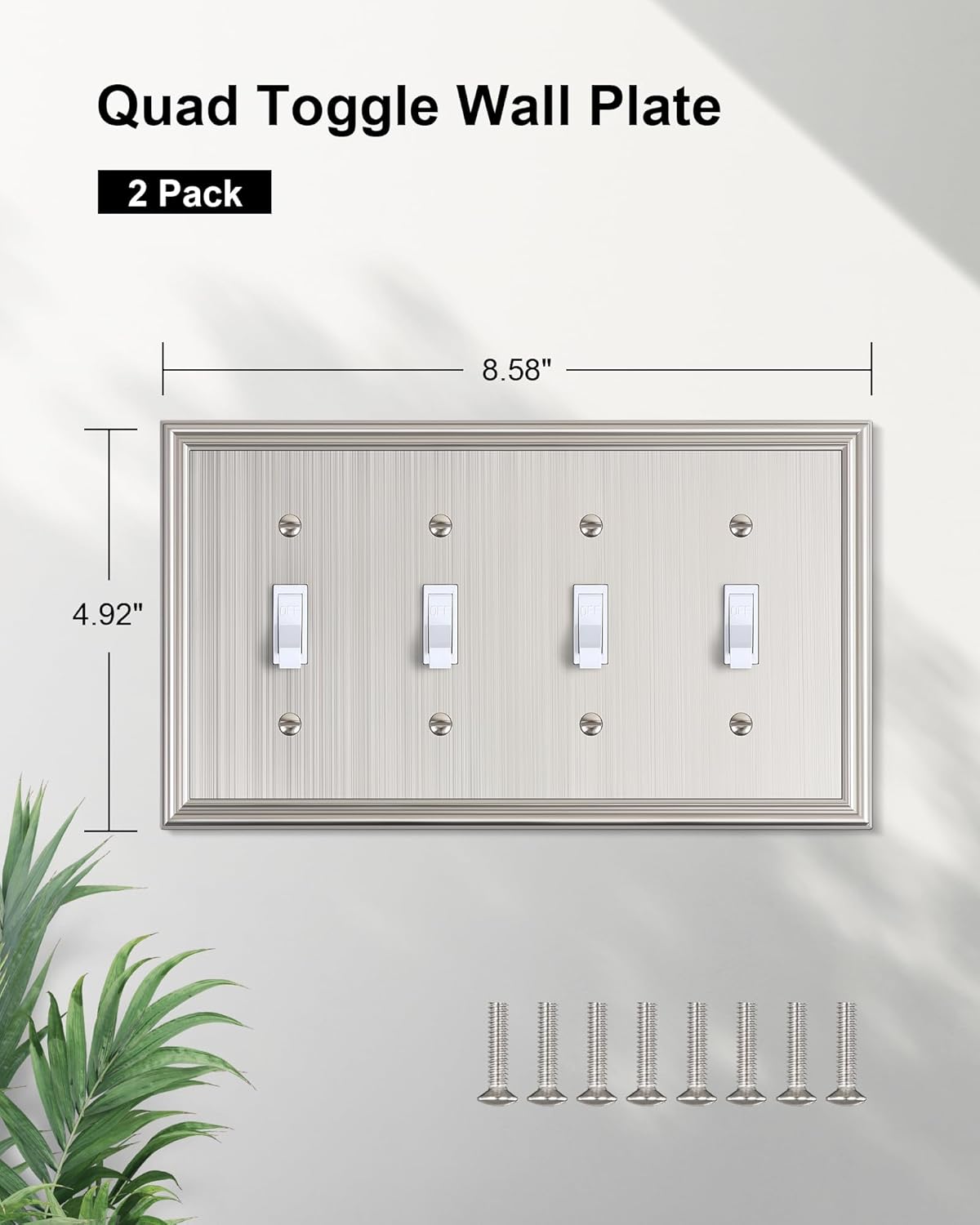 2-Pack Quad Toggle Light Switch Cover Plate, Durable Zinc Alloy Decorative Switch Plate Covers, Brushed Nickel 4 Gang Wall Plate for Toggle Light Switch and Rotary Dimmer Switch