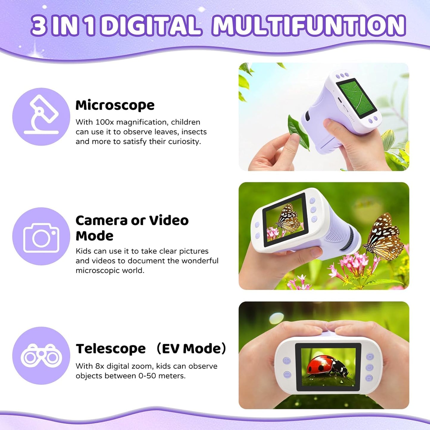 Mini 3-in-1 Pocket Microscope with Camera & Telescope, 32GB SD Card, 2.4" IPS HD Screen, Handheld Digital Microscope for Kids, Educational Science Kit, Christmas Birthday Gift for Boys Girls Ages 3-9