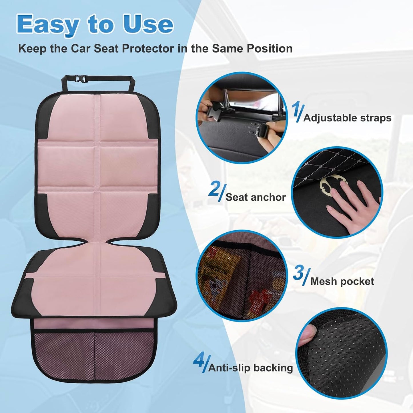 Car Seat Protector for Child, 2 Pack Baby Covers with Mesh Pockets & Non-Slip Backing 600D Durable Under Seat for Back (Rose Gold, Standard)