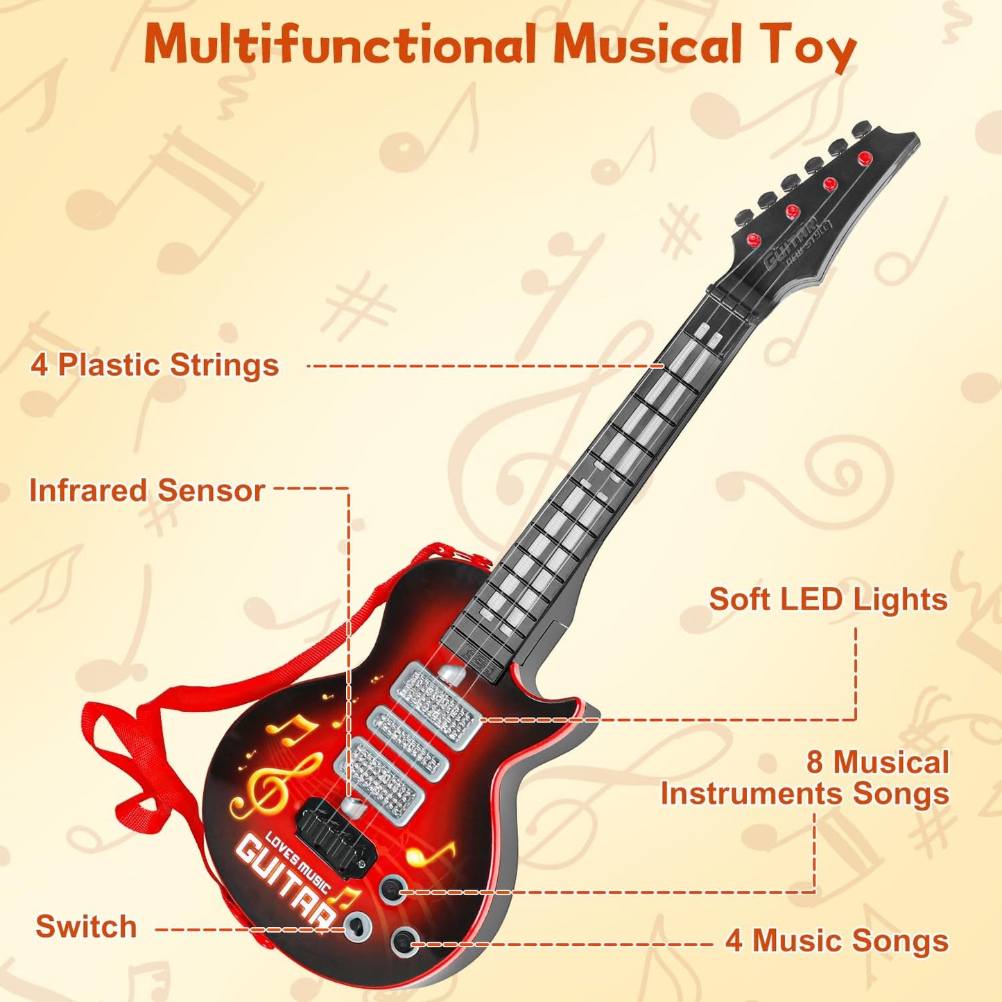M SANMERSEN Kids Guitar Toddler Toys Guitar for Kids 3 4 5 Year Old Electric Musical Toy Guitars with 4 Strings Strap Light Up Boys Girls Gifts
