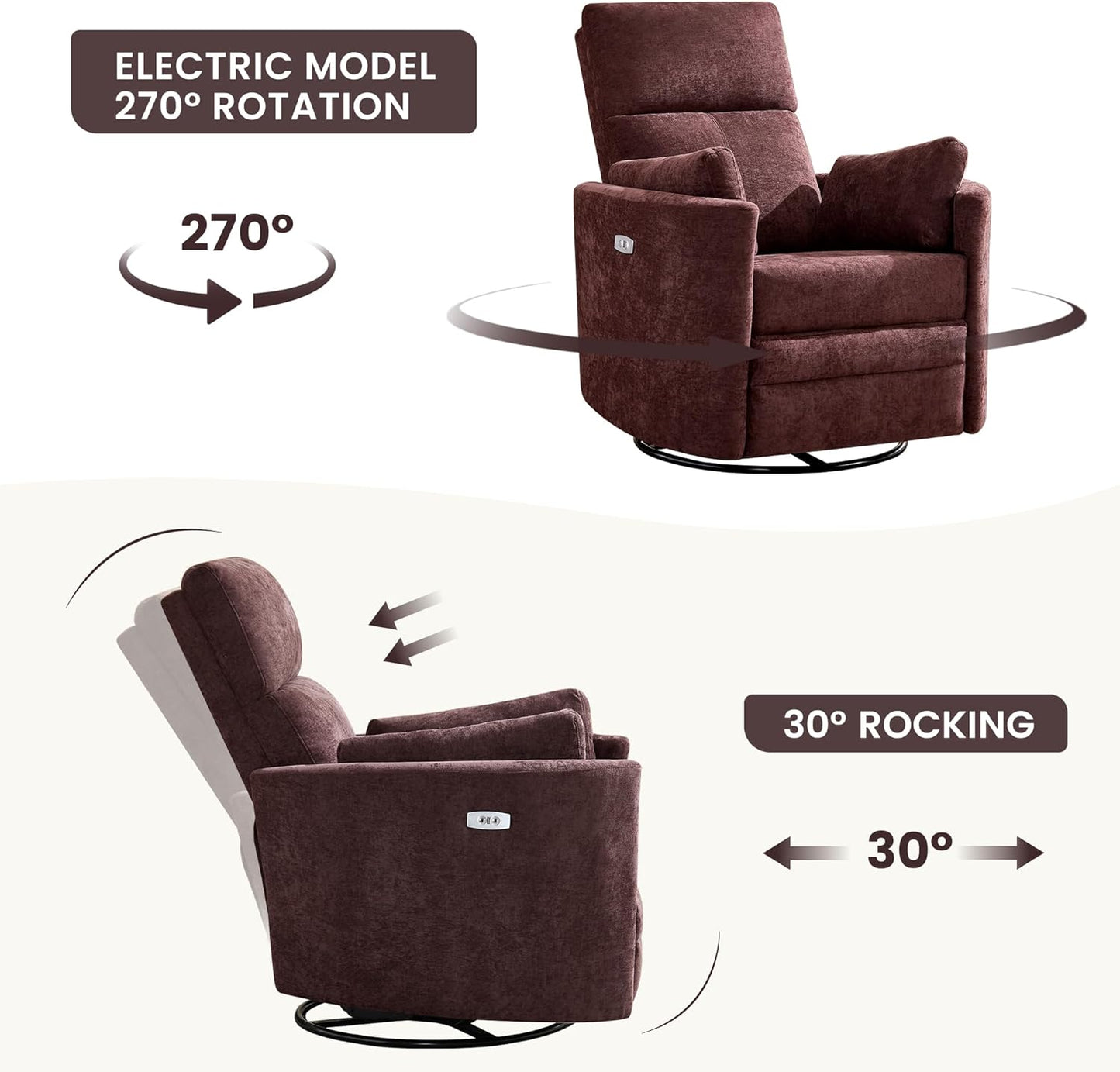 Power Swivel Glider Rocking Recliner,Electric Recliner Upholstered Nursery Chair Adult Rocking Chair with 2 Pillows for Living Room Bedroom(Coffee, Power-Driven)