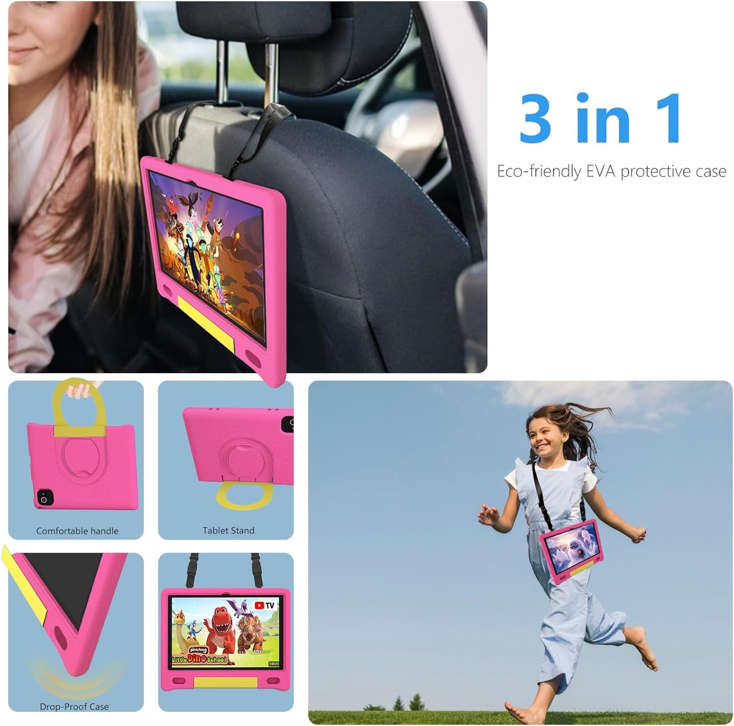 Tablet for Kids 10.1 inch Android 14 6000mHA 8GB RAM+64GB ROM(Expandable to 1TB Kids Tablet Age 3-12 with Case& Lanyard WiFi6 Google Kids Space Parental Control 1280 * 800 HD Screen Pink
