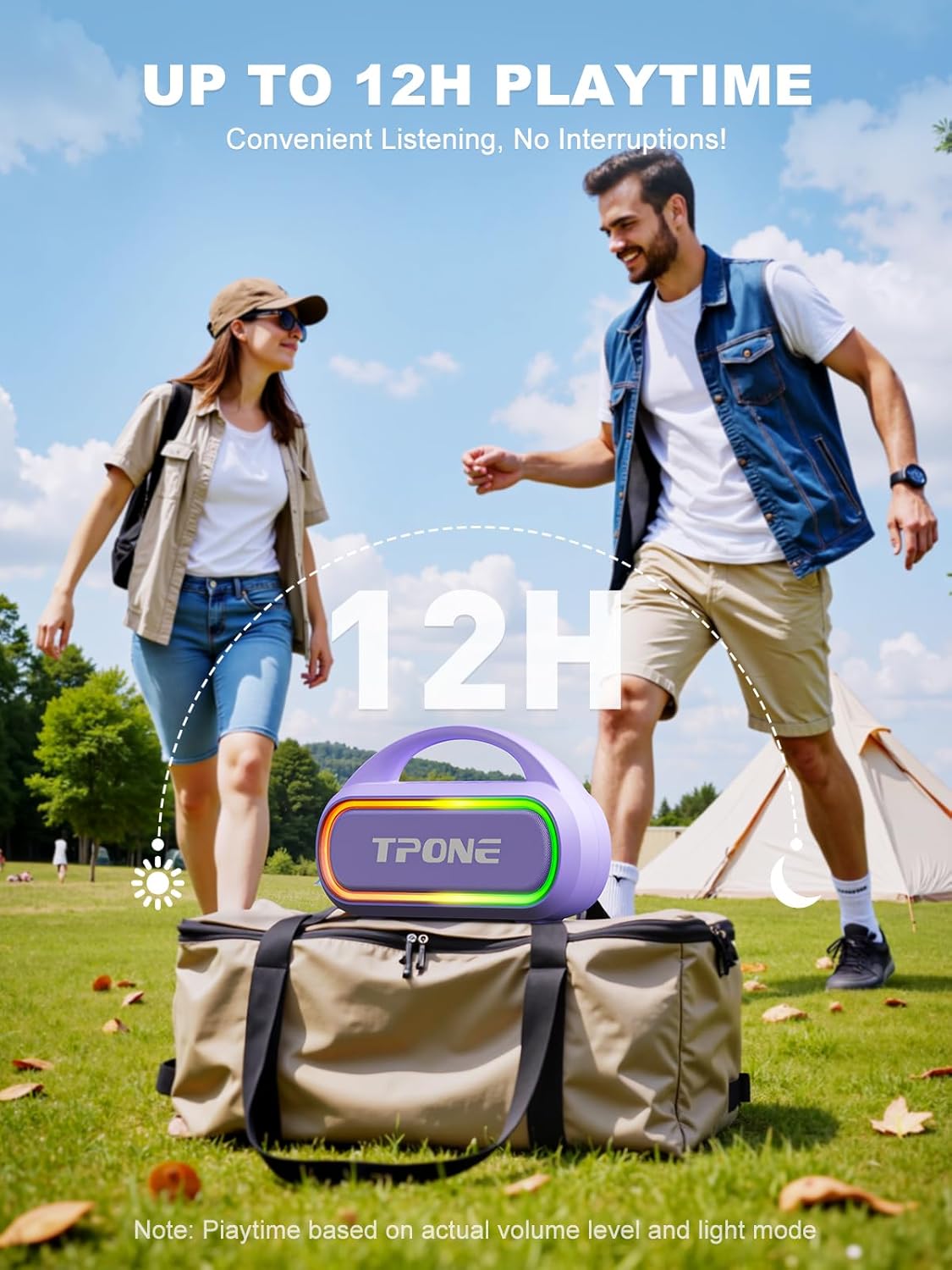 TPone Portable Bluetooth Speaker, 30W (Peak) Wireless Speaker for Outdoor, Up to 12H Playtime, IPX5 Waterproof with Light, TWS Pairing, for Home/Party/Outdoor/Beach, Birthday Gift (Chilled Lilac)