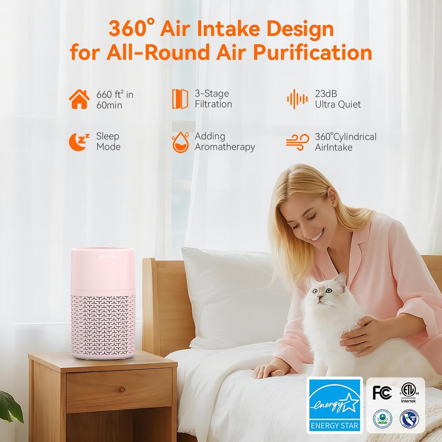 AIRROMI Pets Air Purifier for Home Allergies,Up to 660 ft².Yellow Deodorizing Activated Carbon Filter,With Fragrance Sponge for Better Sleep,Night Light,Pet Dander,Smoke,Odors,Air Cleaner A2002 Pink