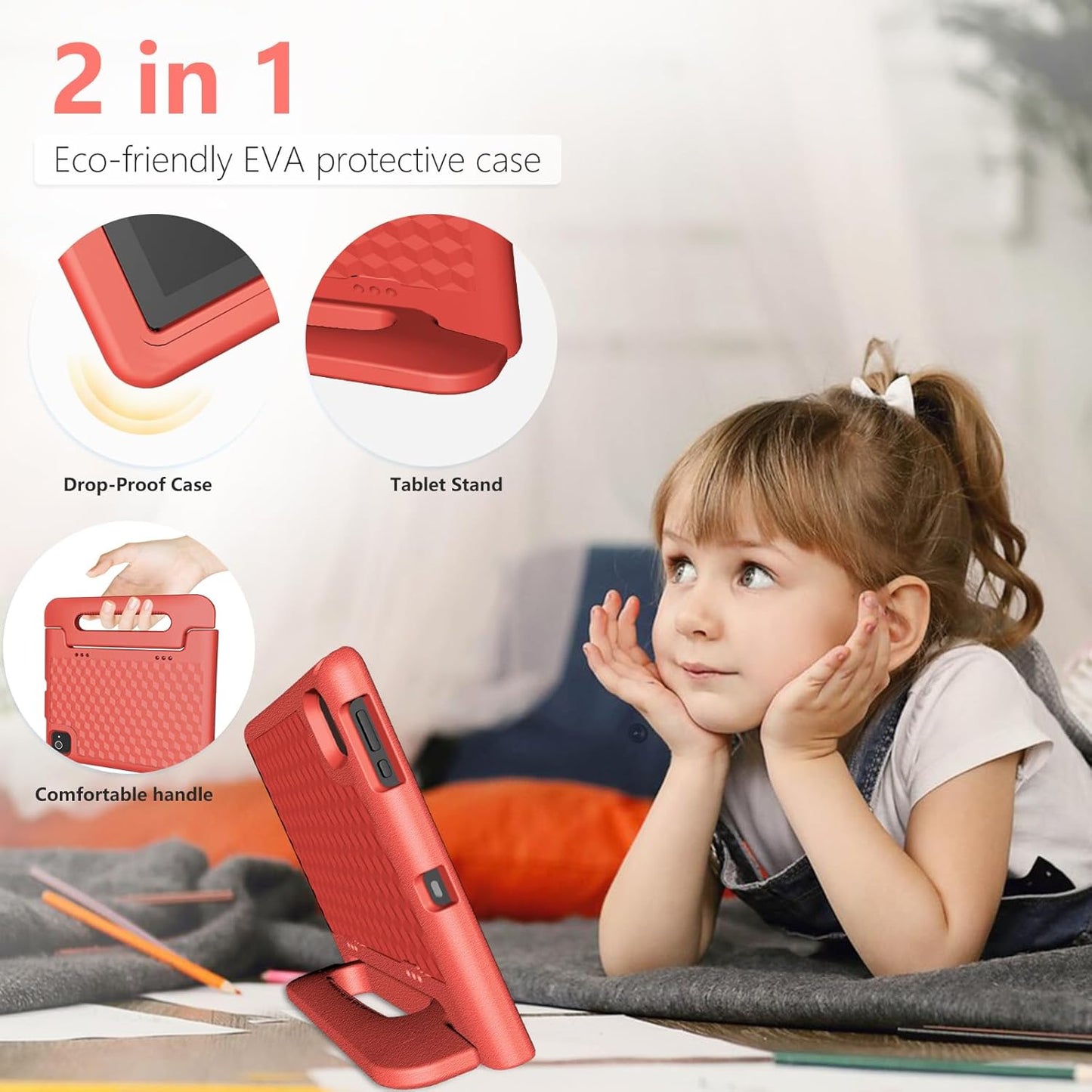 Tablet for Kids Age 3-12 10.1 inch Android 14 6000mAh 8GB RAM+64GB ROM(Expandable to 1TB Kids Tablet WiFi6 Google Kids Space Parental Control 1280 * 800 HD Screen - Red