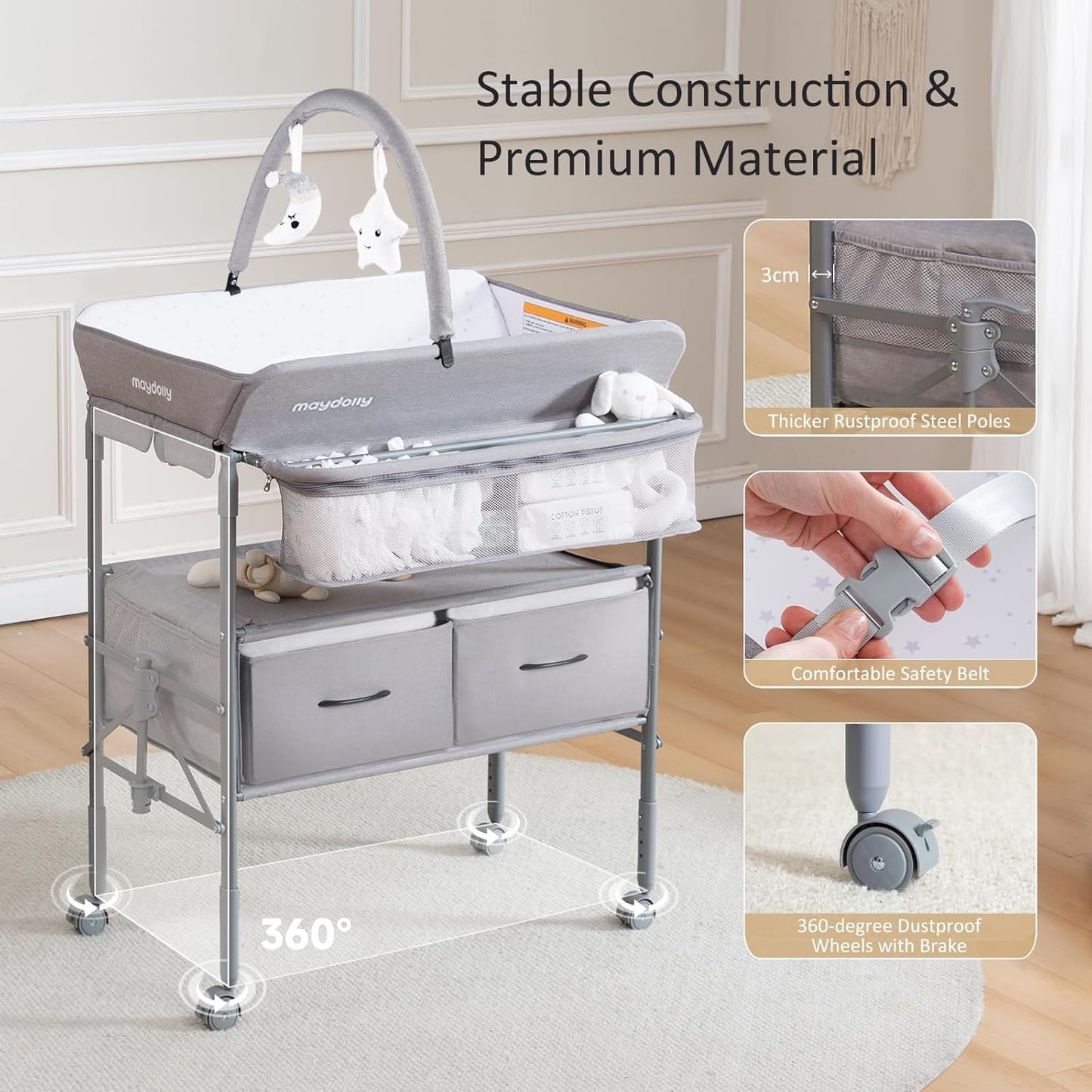 Maydolly Baby Changing Table, Portable Folding Changing Table with Wheels, Waterproof and Adjustable Height, Premium Diaper Changing Station with Two Drawers, Mobile Nursery for Newborn (Grey)