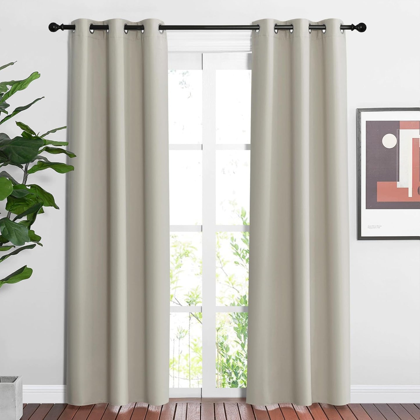 NICETOWN Blackout Natural Curtains & Drapes for Living Room - Thermal Insulated Solid Grommet Sound Reducing Energy Saving Privacy Window Treatments for Bedroom, 2 Panels, W37 x L84