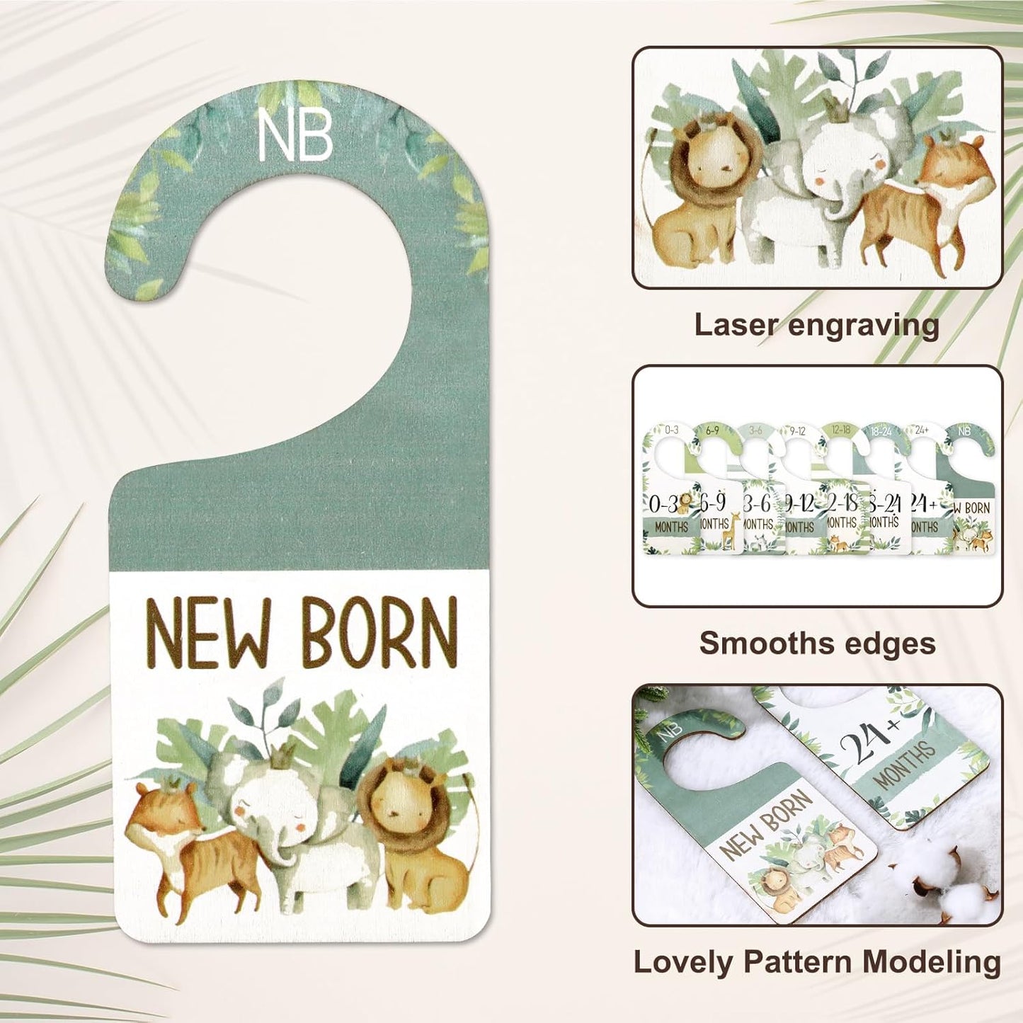 Whaline 8Pcs Baby Closet Size Dividers Watercolor Jungle Animals Hanging Wooden Baby Closet Organizer Double-Sided Newborn to 24 Months Thicken Baby Wardrobe Organizer