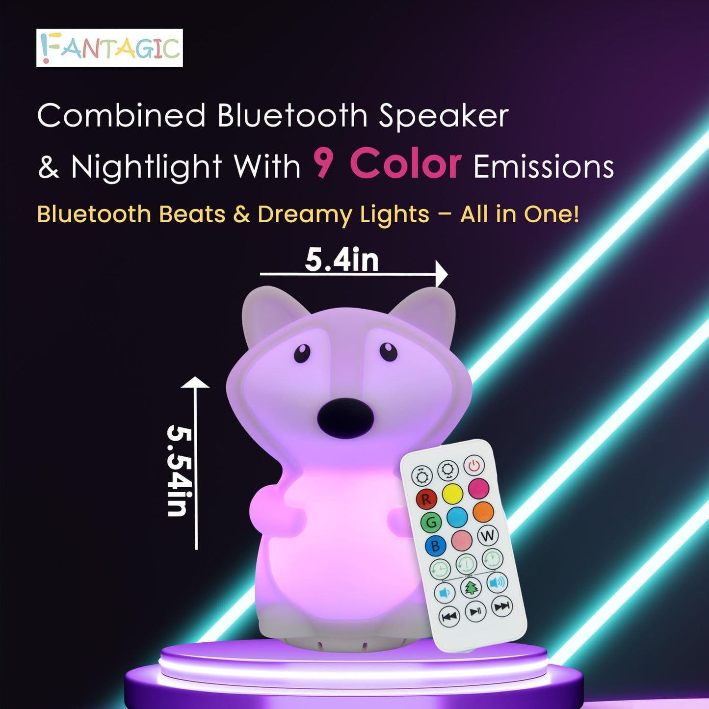 Combined Bluetooth Speaker & Nightlight With 9 Color Emissions, Child Friendly Silicone & BPA Free, USB Recharging, Receives Audio From Computer, Phone Or Tablet, and includes Remote Control (Fox)