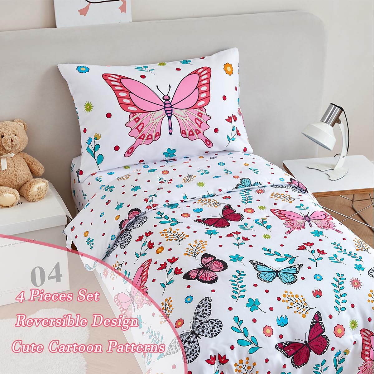 PERFEMET 4-Piece Girls Butterfly Bedding in Pink Floral - Reversible Colorful Flower Toddler Bed Comforter Set for All Season (White, Butterfly)