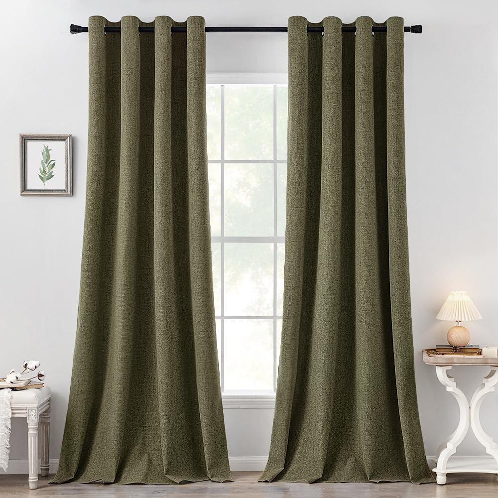 MIULEE Linen Texture Curtains for Bedroom Solid 100% Blackout Thermal Insulated Light Olive Green Curtains Grommet Room Darkening Drapes for Living Room Nursery 52x108 Inch (2 Panels)
