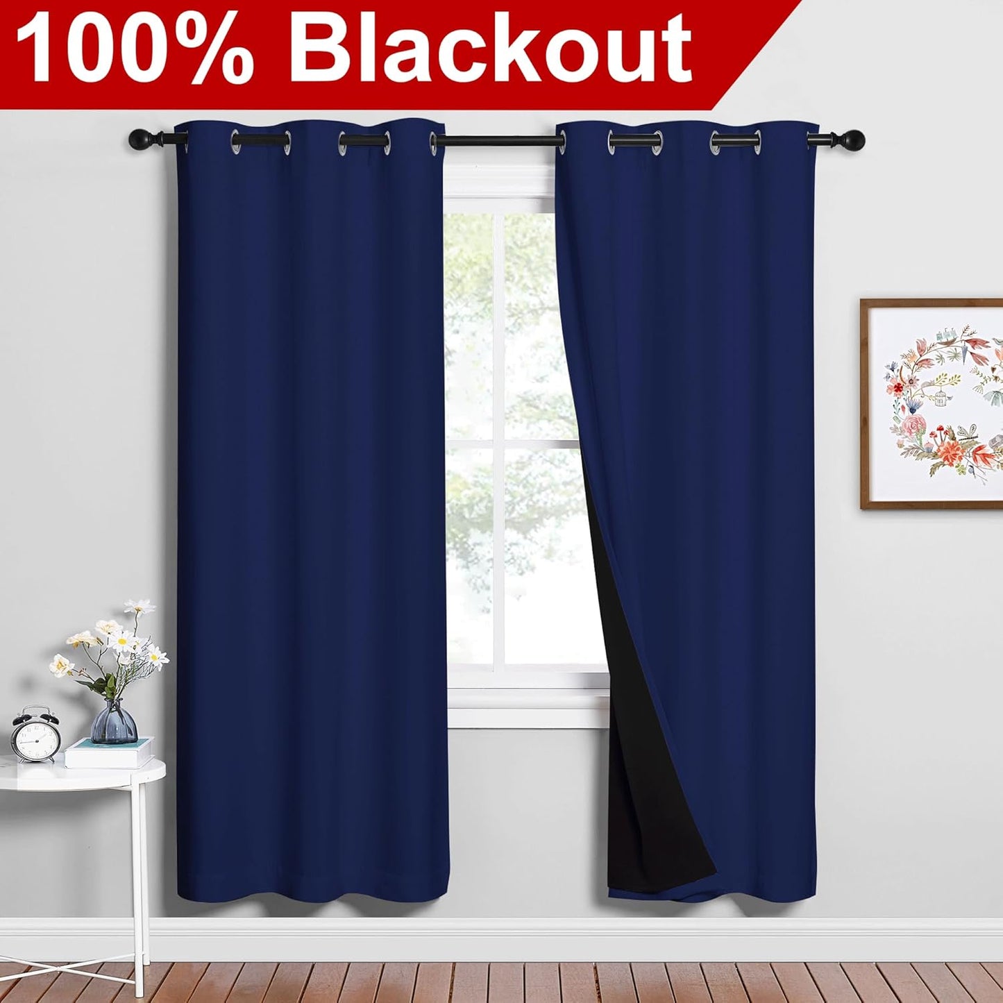NICETOWN 100% Blackout Curtains with Black Liner Backing, Royal Blue, 37 inches x 70 inches Per Panel, Set of 2, Thermal Insulated Curtains for Living Room, Noise Reducing Drapes