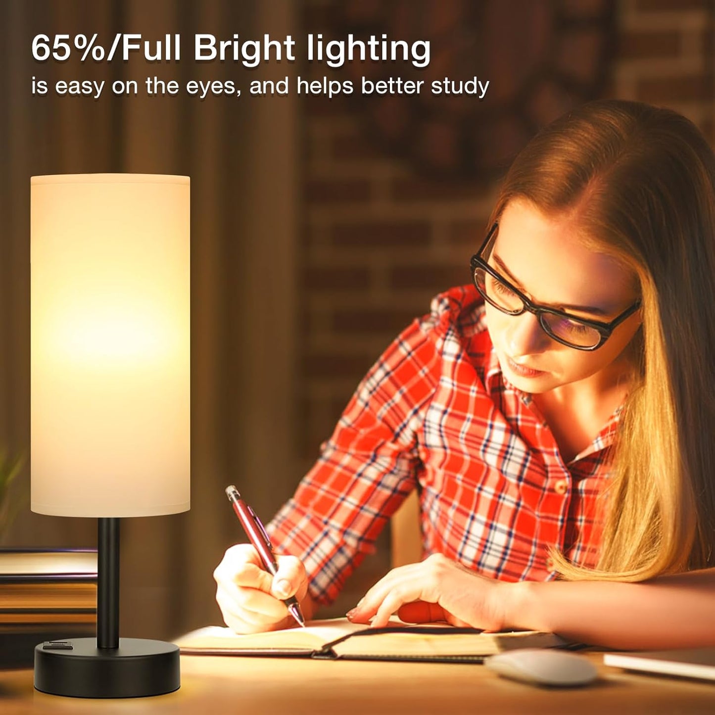 Bedside Touch Table Lamps for Bedroom Nightstand with USB-C USB-A Charging Ports White, 3 Way Dimmable Small Lamp Fabric Shade Black Base for Office, Living Room, Dorm Room Reading