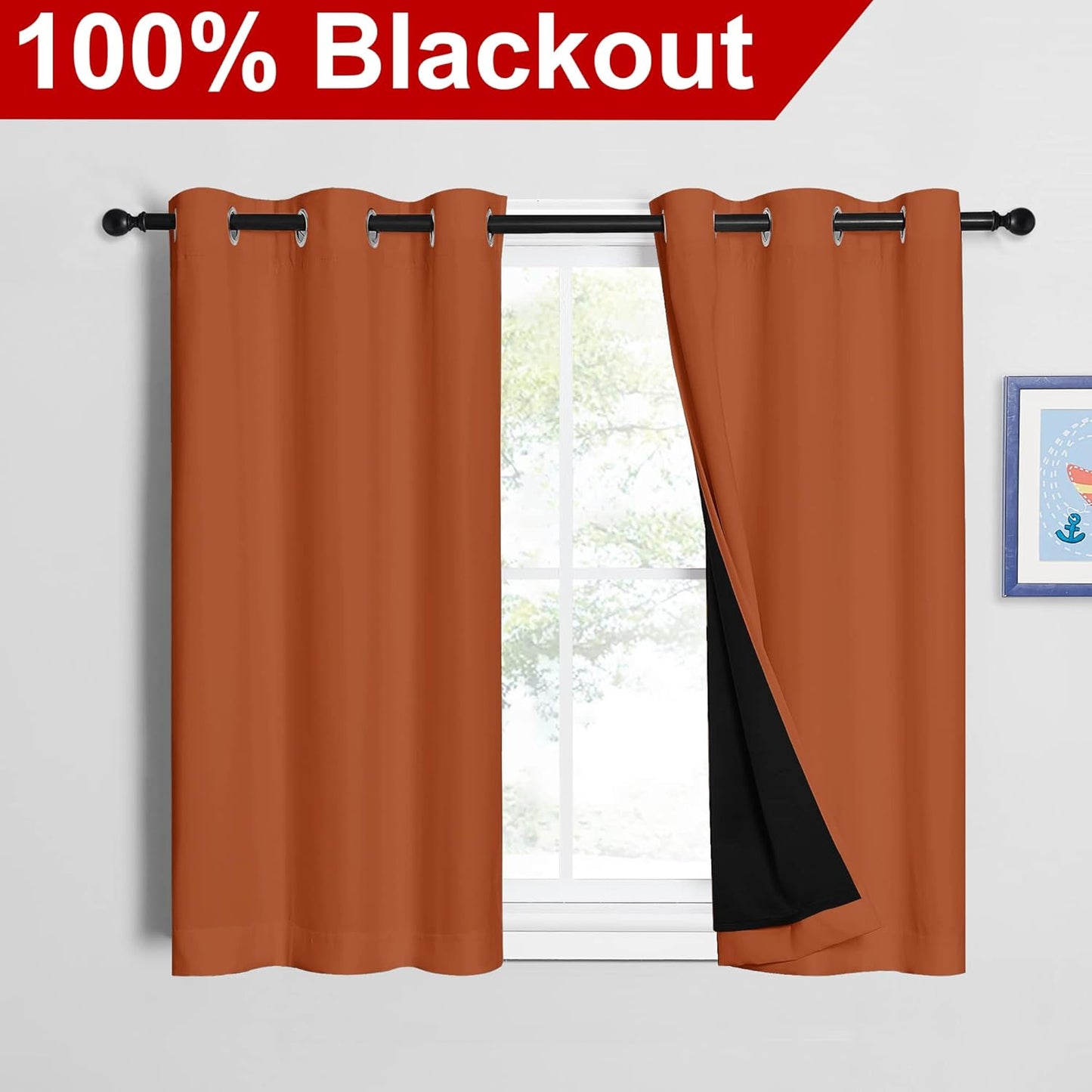 NICETOWN Burnt Orange 100% Blackout Curtains 45 inches Long, 2 Thick Layers Completely Blackout Window Treatment Thermal Insulated Lined Drapes for Small Window (1 Pair, 42 inches Width Each Panel)