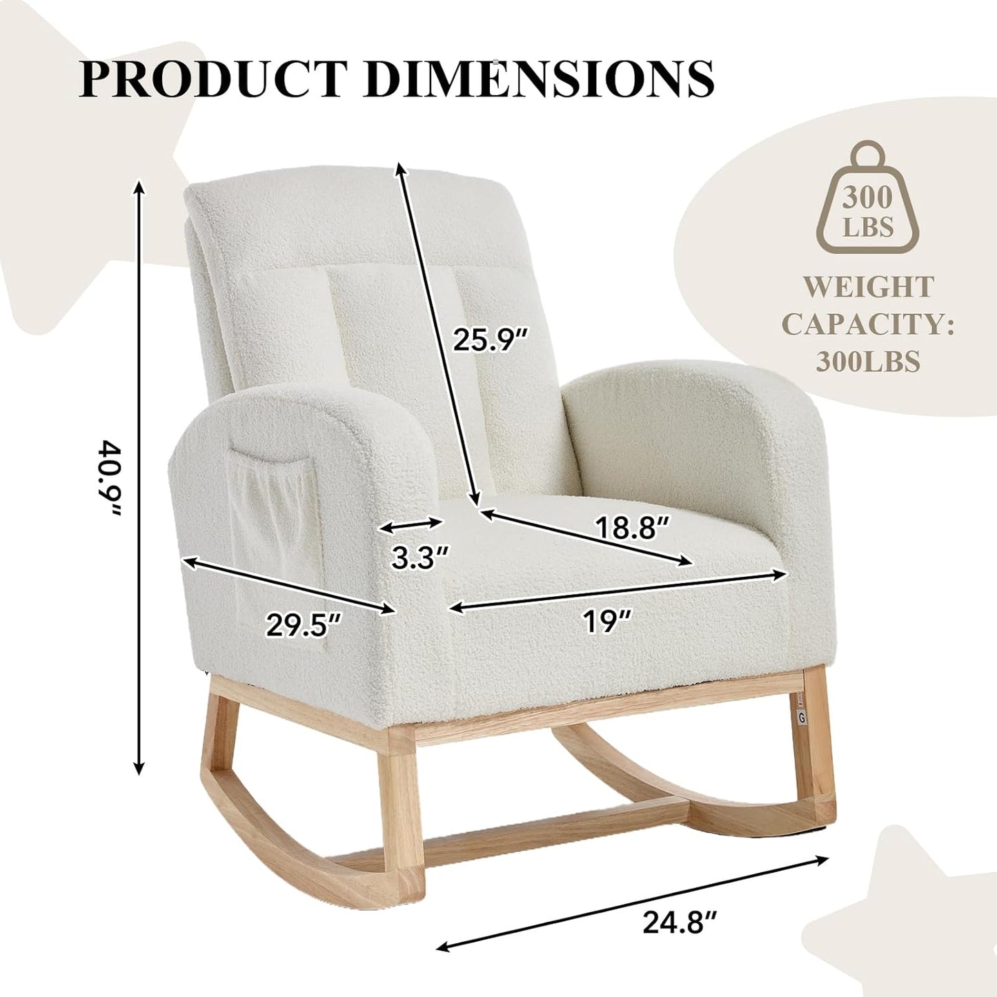 NIOIIKIT Nursery Rocking Chair, Teddy Upholstered Glider Chair with Side Pocket, Glider Rocker Chair with Tufted Back, Comfy Accent Nursing Chair for Living Room (White Modern)