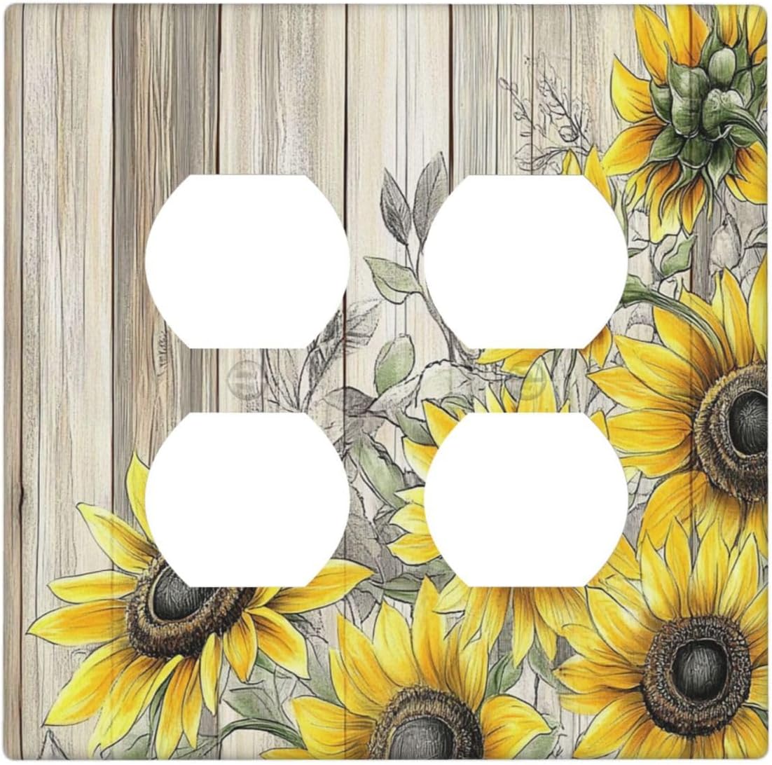 Outlet Covers Floral Sunflower Rustic Flower Vintage Wood 2 Gang Double Duplex Decorative Light Switch Covers Electrical Wallplates Socket Faceplate For Farmhouse Cabin Decor