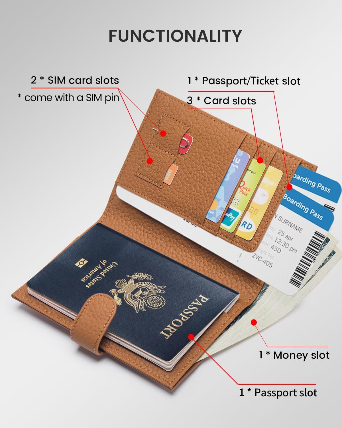RFID Passport Holder Travel Wallet Compact for Women, Leather Passport Wallet with Card Holders,Zippered Coins Pocket and Cash Compartment, Brown